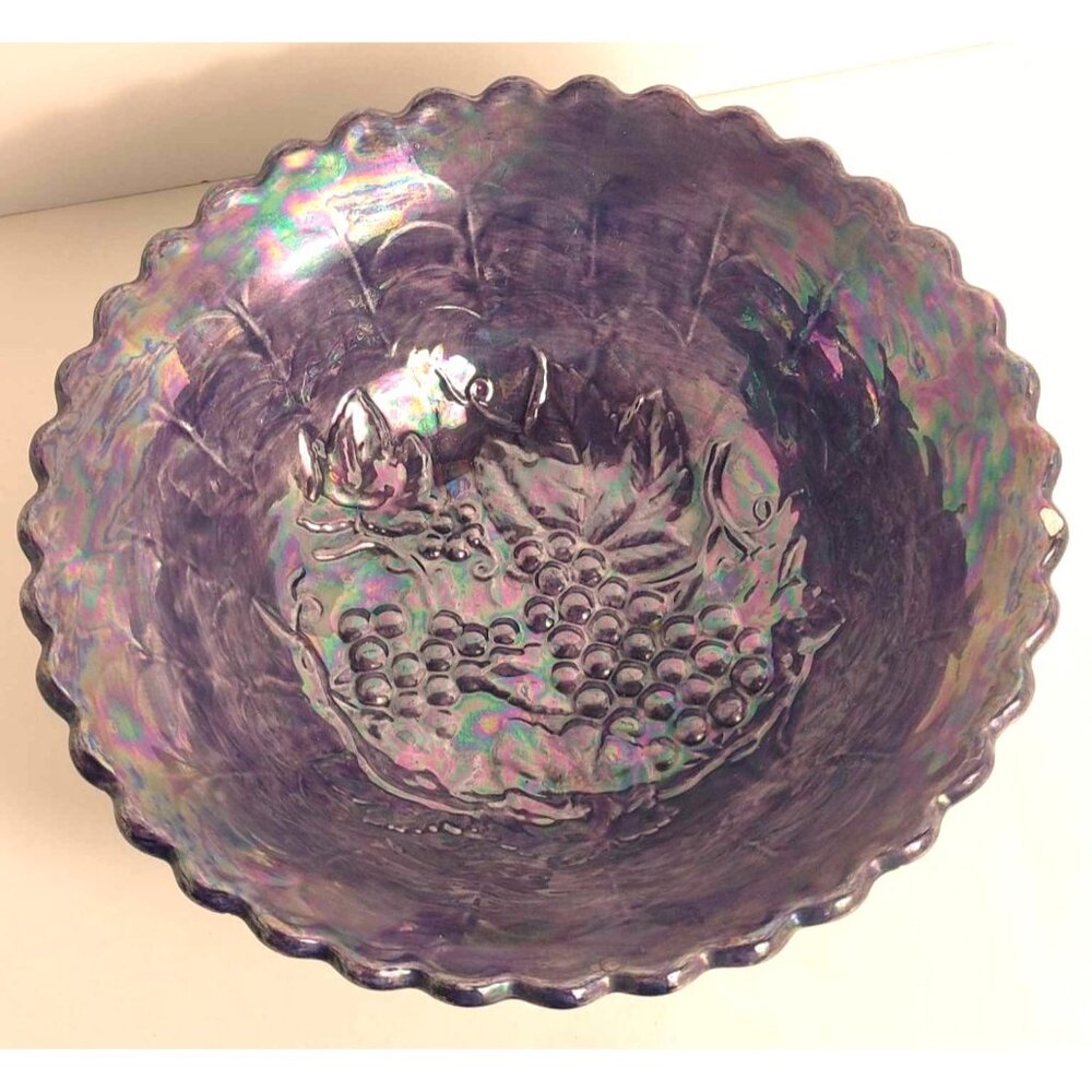 Vintage 1982 Grape & Vine Iridescent Purple Pressed Ceramic Bowl Signed